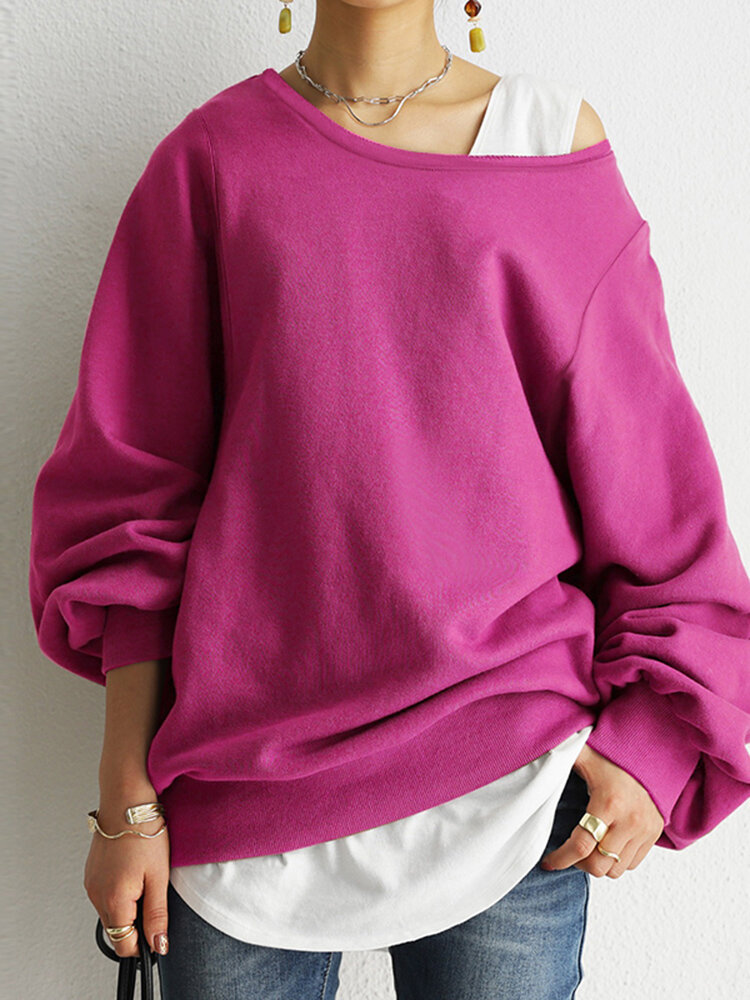 Women Puff Sleeve Solid Thick O-Neck Preppy Homely Sweatshirt