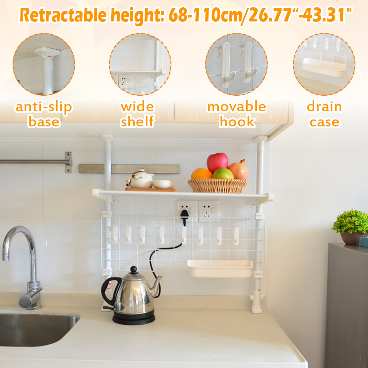 Kitchen Storage Rack Plate Pot Microwave Oven Shelf Drain Retractable Pole with 8 Hooks