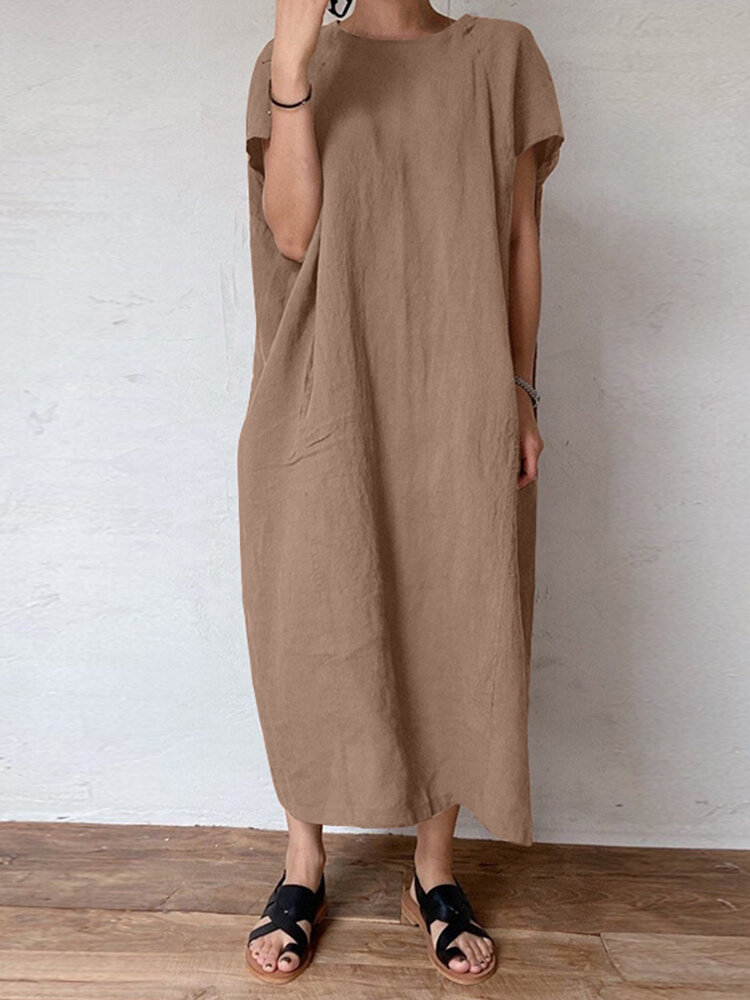 Solid Pocket Cotton Round Neck Casual Maxi Dress