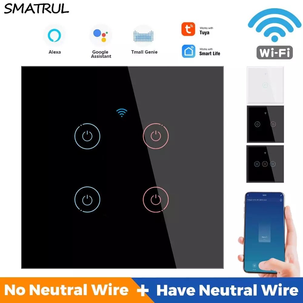 SMATRUL 1/2/3/4 Gang Tuya Smart Life Touch WiFi Wall Switch Light APP No Neutral Wire RequiredEU Gla