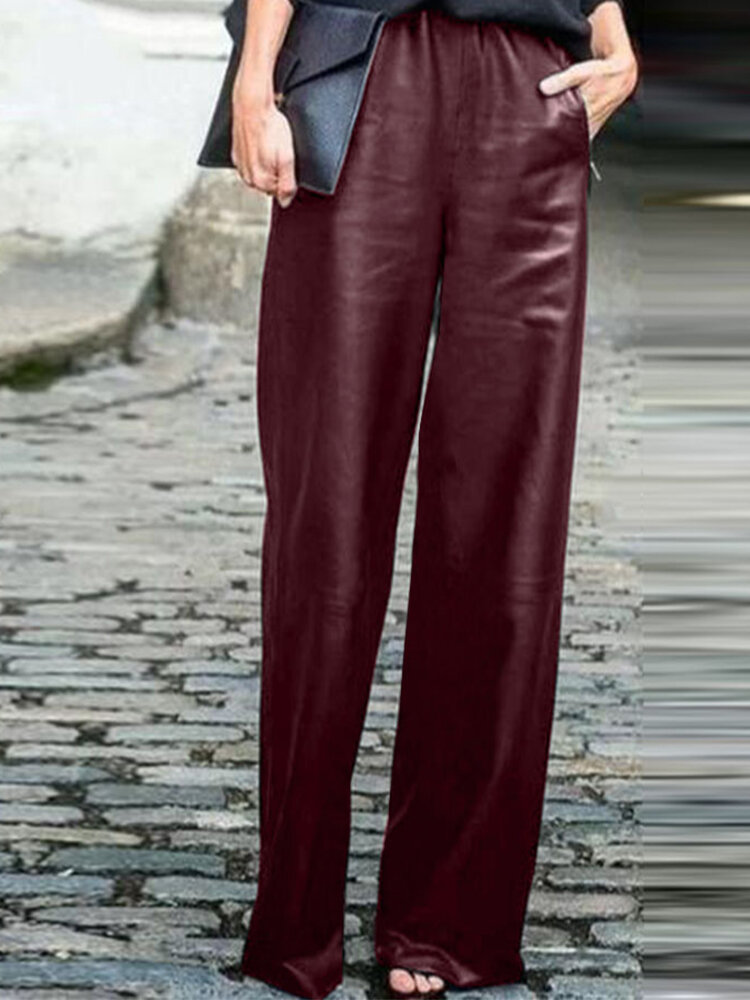 Women Casual Solid Wide-Legged Elastic Waist Side Pockets Leather Pants