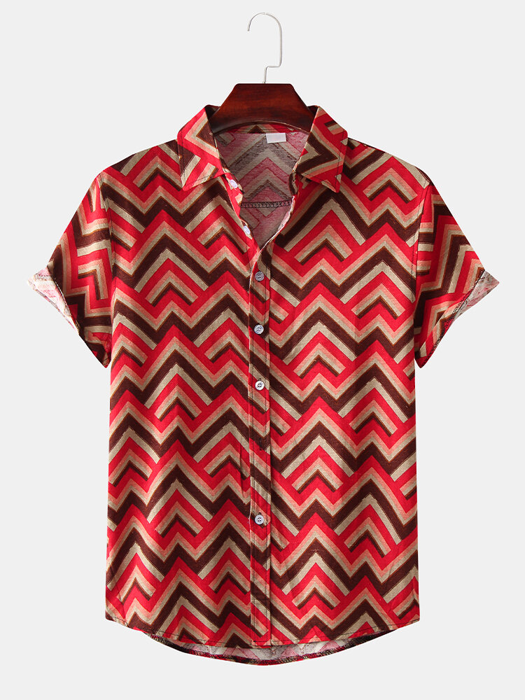 Image of Mnner Farbblock geometrischen Druck Turn Down Collar Casual Shirts