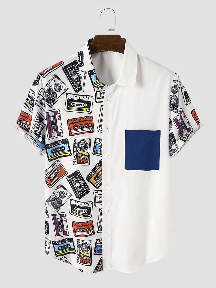 Men Colorful Tape Print Contrast Pocket Short Sleeve Shirts