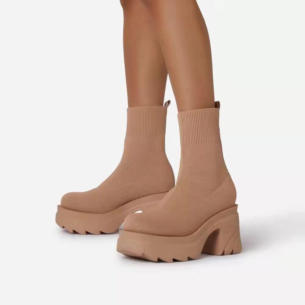 Large Size Women Stylish Casual Comfy Platform Chunky Heel Stretch Knit Sock Boots