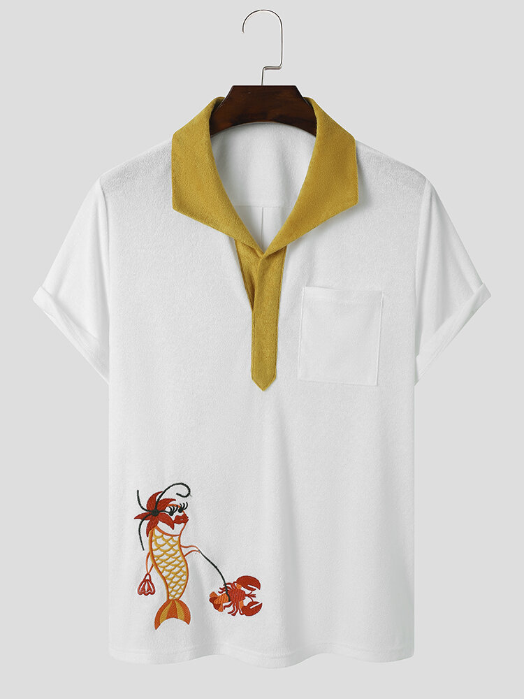 Men Lobster Embroidered Funny Print Hit Stitching Single Pocket Leisure Shirts