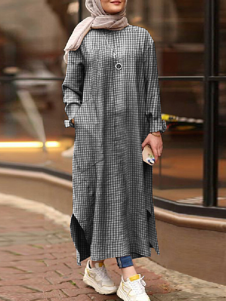 Women Vintage Plaid Print Side Split Loose Maxi Dress Kaftan Tunic with Side Pockets