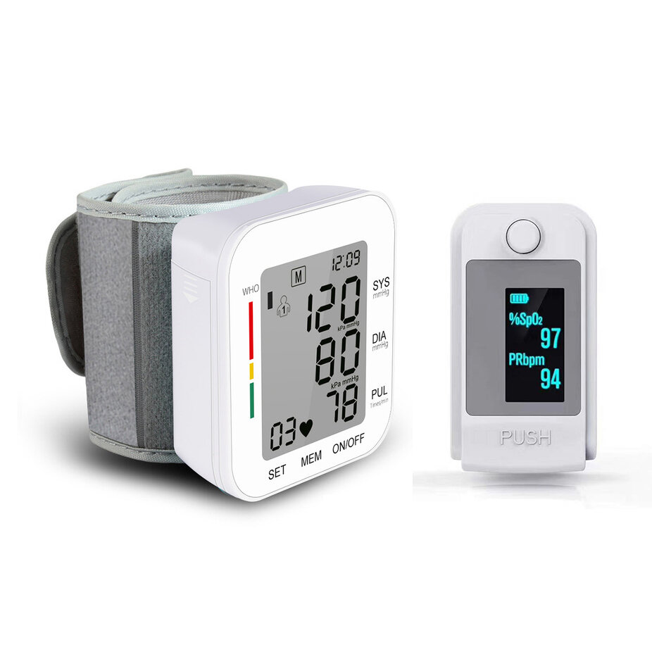 Digital Blood Pressure Monitor Pulse Heart Beat Rate Meter Sphygmomanometer ＋ Finger－Clamp Pulse Oximeter Blood Oxygen Saturation Monitor