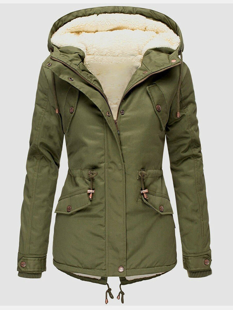

Women Solid Color Warm Fleece Lined Hooded Coats With Pocket