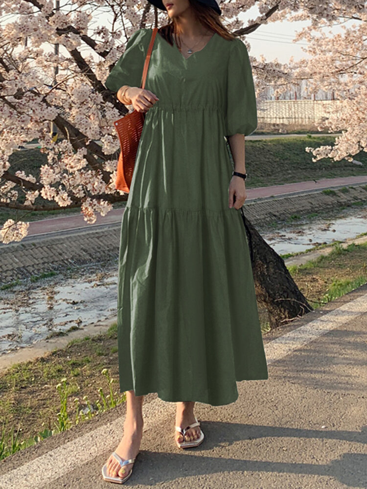 Women Lace up Solid Color Calf Length Drawstring Waist Midi Dresses