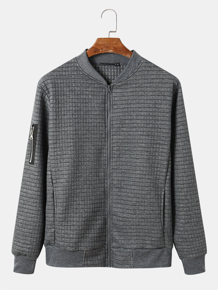 Heren Waffles Gingham Solid Zip Kraag Pocket Pullover Sweatshirt