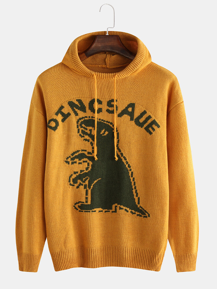 Mens Cartoon Dinosaur Letter Print Casual Loose Knitted Hooded Sweater