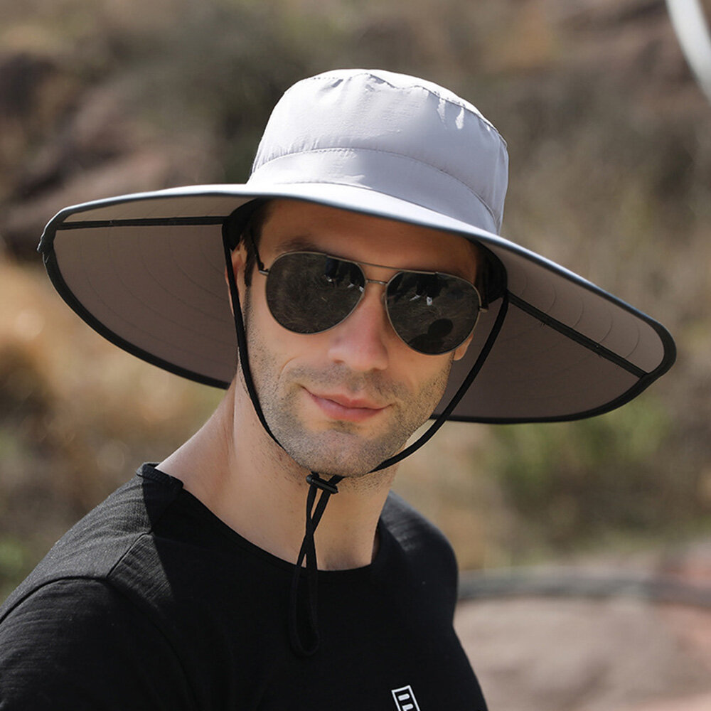 Men Solid Foldable Sunshade Hat Bag Brim Windproof Rope Summer Outdoor Mountaineering Suncreen Bucket Hat