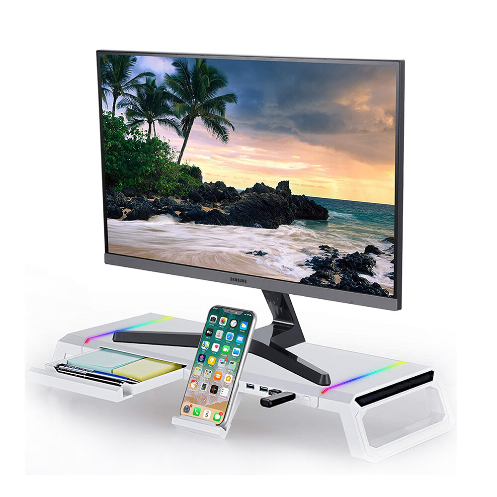 

ICE COOREL Регулируемая подставка Монитор Подставка для экрана, цвет белый, с 4 портами USB, подсветкой RGB, держателем