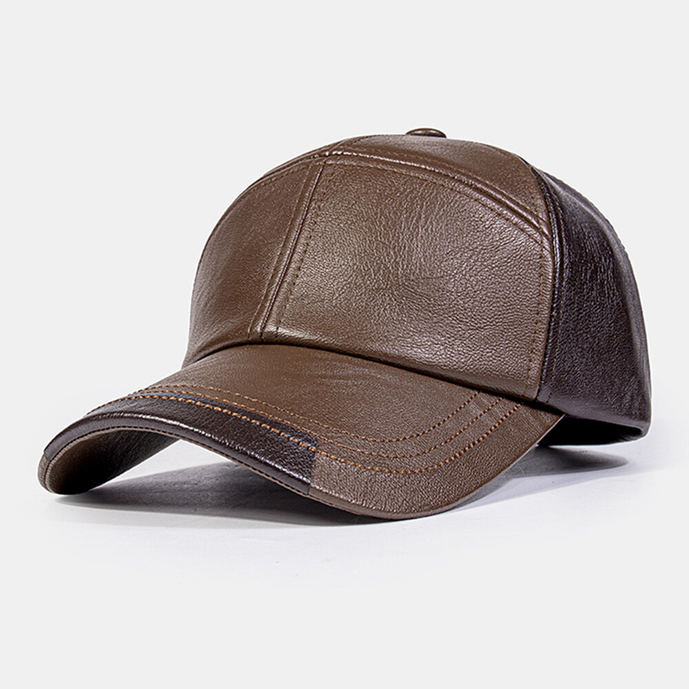 Heren PU-leer kleur stiksels Dome Baseballcap Outdoor Casual zonnescherm Verstelbare hoed