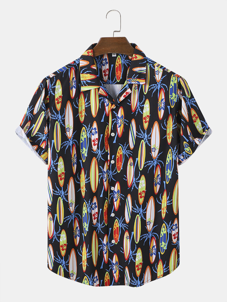 Men Sailboat Print Ordered Hem Cuff Hawaii Style Beachwear Casual Shirts