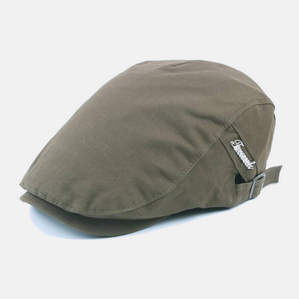 

Men Cotton Solid Color Metal Letter Badge Adjustable Casual Flat Hat Forward Hat Beret Hat