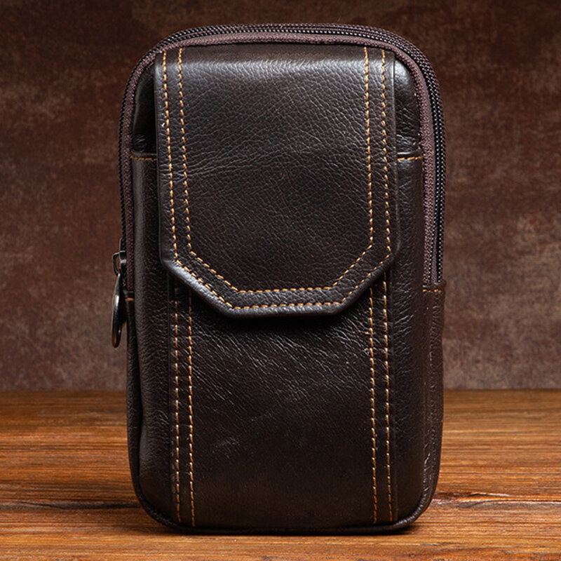 Men Genuine Leather Multifunction 6.5 Inch Phone Bag Retro Large Capacity Cigaret Case Pocket Belt Bag Waist Bag