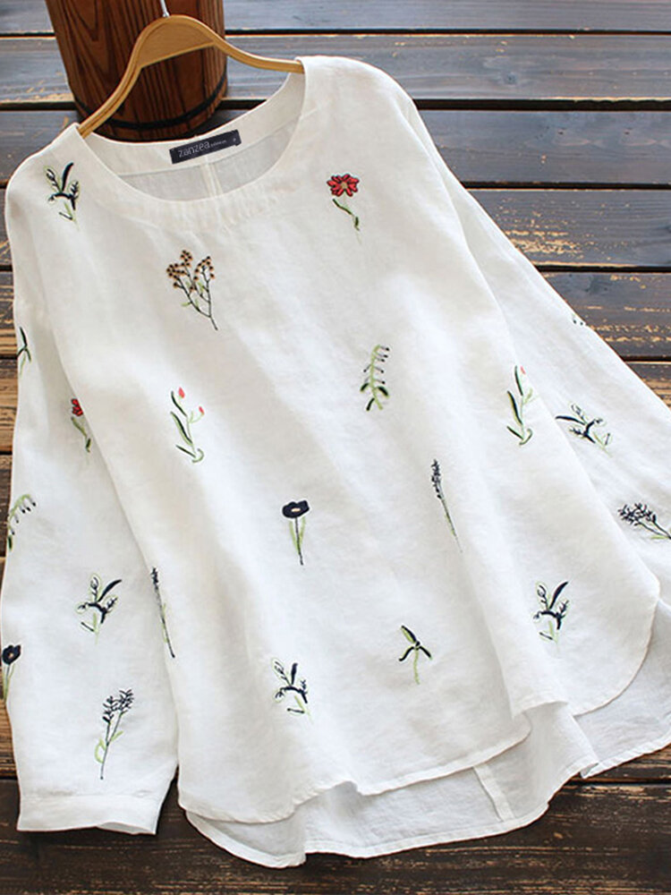 Plant Print Embroidery Split Hem Cotton Long Sleeve Casual Blouse