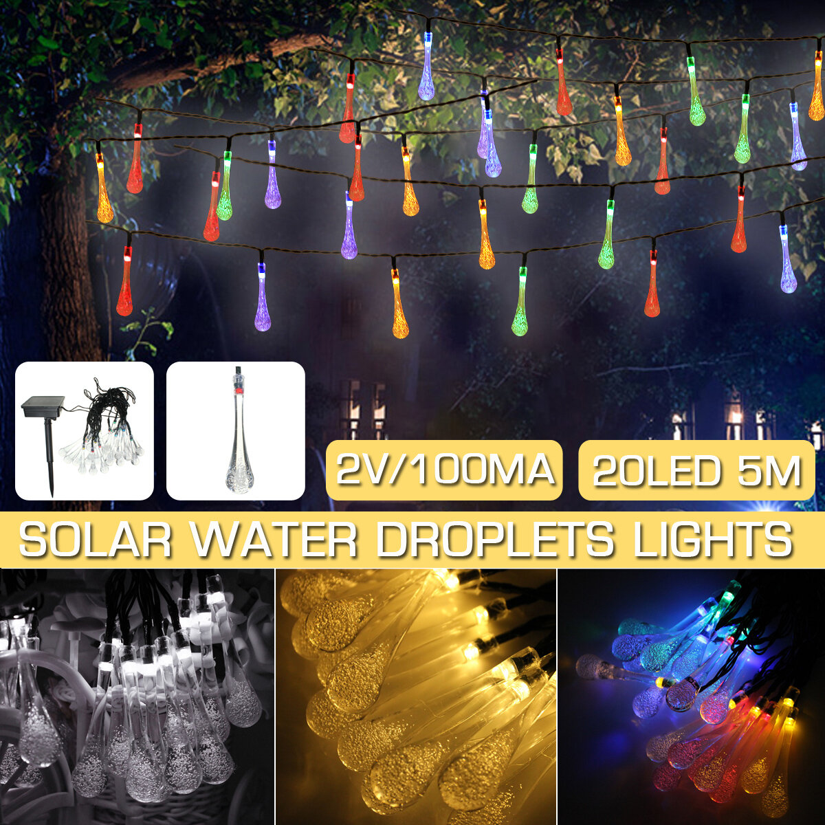16.4FT 5M 20LED Solar Outdoor String Light Two Modes Water Drop Fairy Lamp Garden Christmas Decorati
