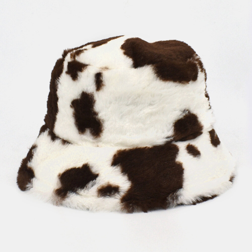 Unisex Lamb Hair Soft Warm Casual All-match Cute Cow Pattern Bucket Hat