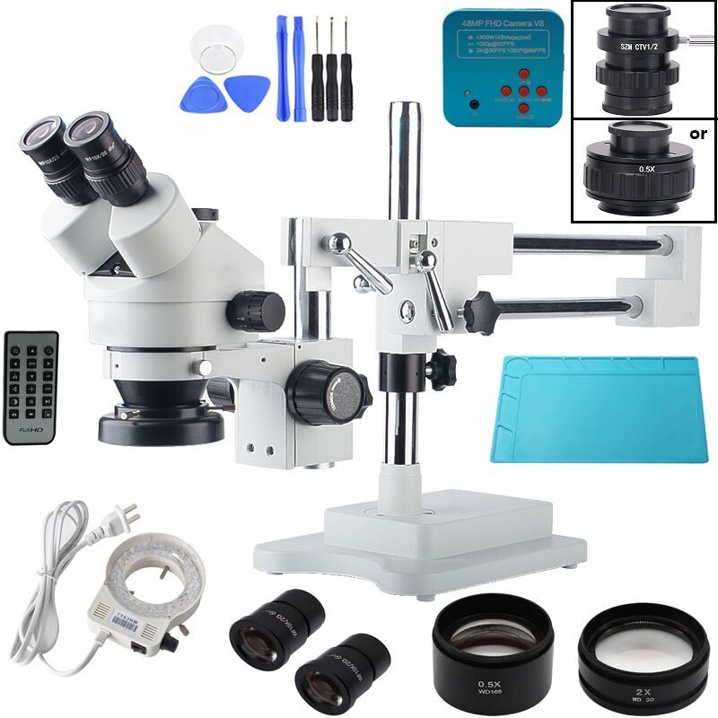 

3.5X-90X Double Boom Stand Zoom Simul Focal Trinocular Stereo Microscope+48MP 2K HDMI USB Industrial Camera For Phone PC