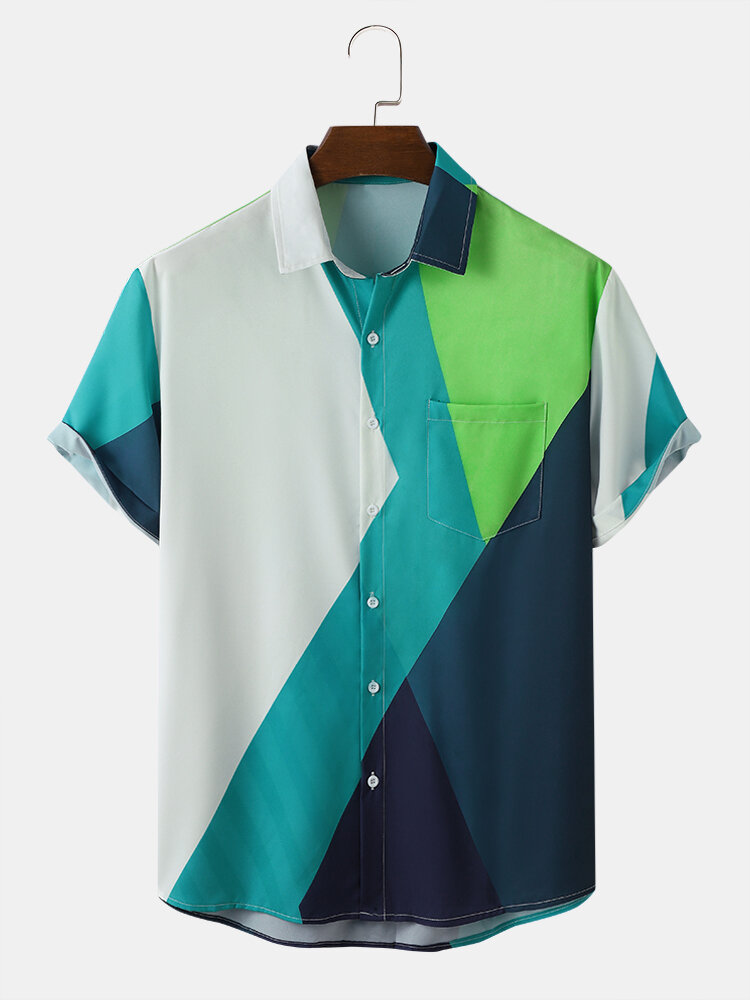 Men Geometric Colorblock Front Buttons Soft Breathable Casual Shirts