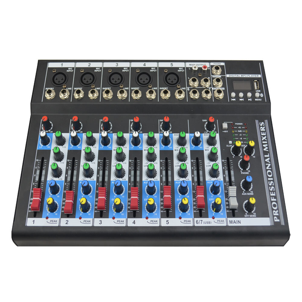 

Professional 7 Channel bluetooth Audio Mixer Mixing Sound Console with Reverb 48V Phantom Power for KTV Stage Karaoke