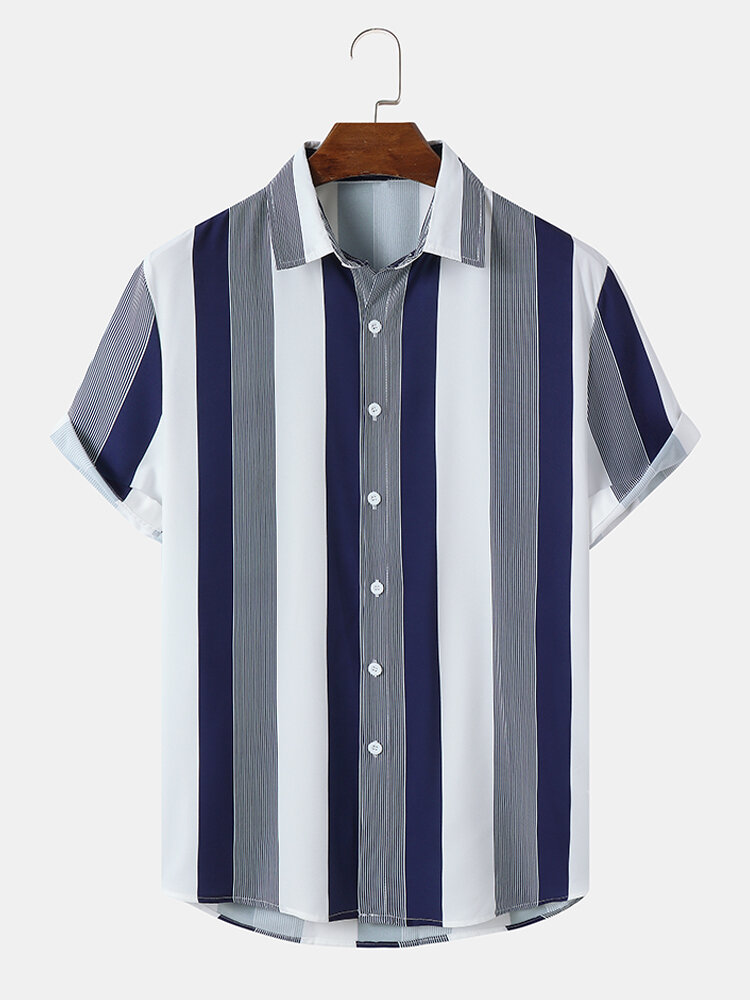 

Mens Combined Multi-Striped Lapel Preppy Short Sleeve Shirts