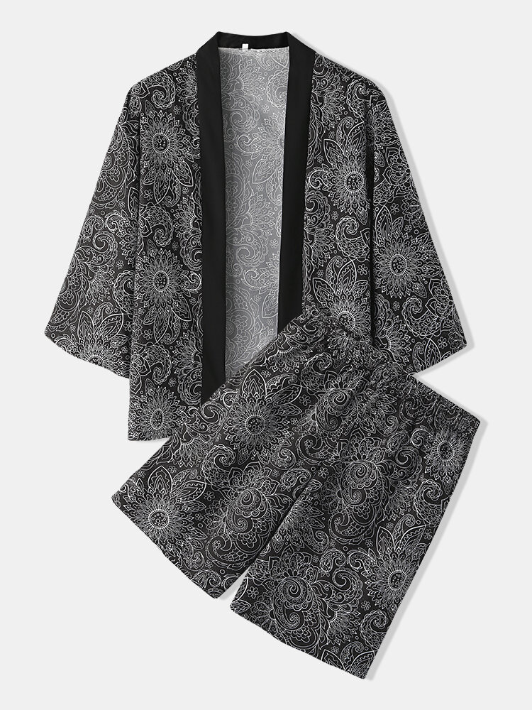 Mens Ethnic Style Print Kimono Tops Knee Length Shorts Casual Pajama Set