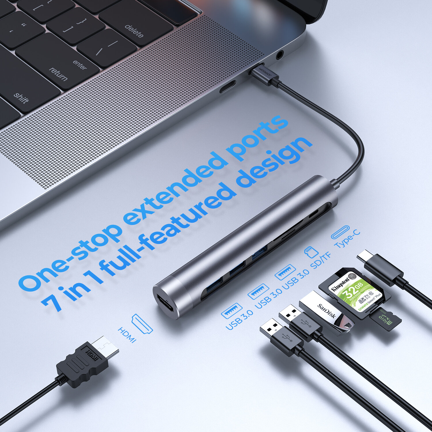 

Joyroom 7 In 1 Type-C Hub Docking Station Adapter with 3*USB3.0 + SD/ TF Card Slot + HDMI + PD Fast Charging