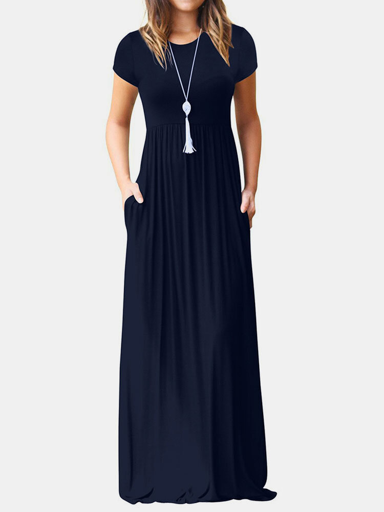 Short Sleeve Pocket Floor Length Solid Round Neck Maxi Dress