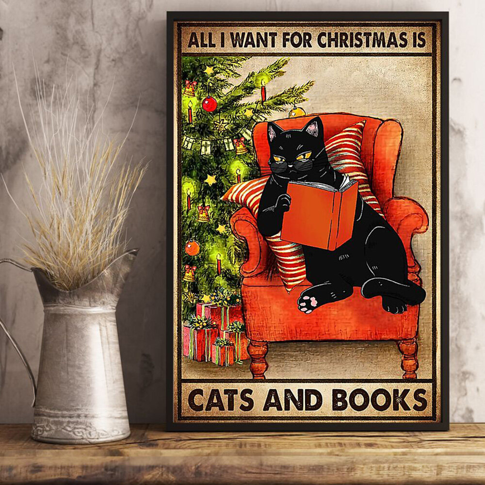 1 Pc Cat And Books Pattern Christmas Series Canvas Printing Self-adhesive Home Decor For Bedroom Liv