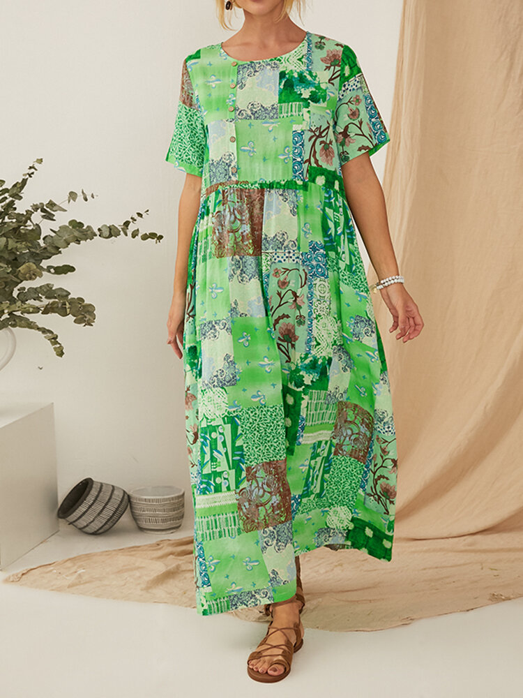 Image of Vintage Ethnic Style gedruckt Kurzarm Maxi Kleid mit Tasche