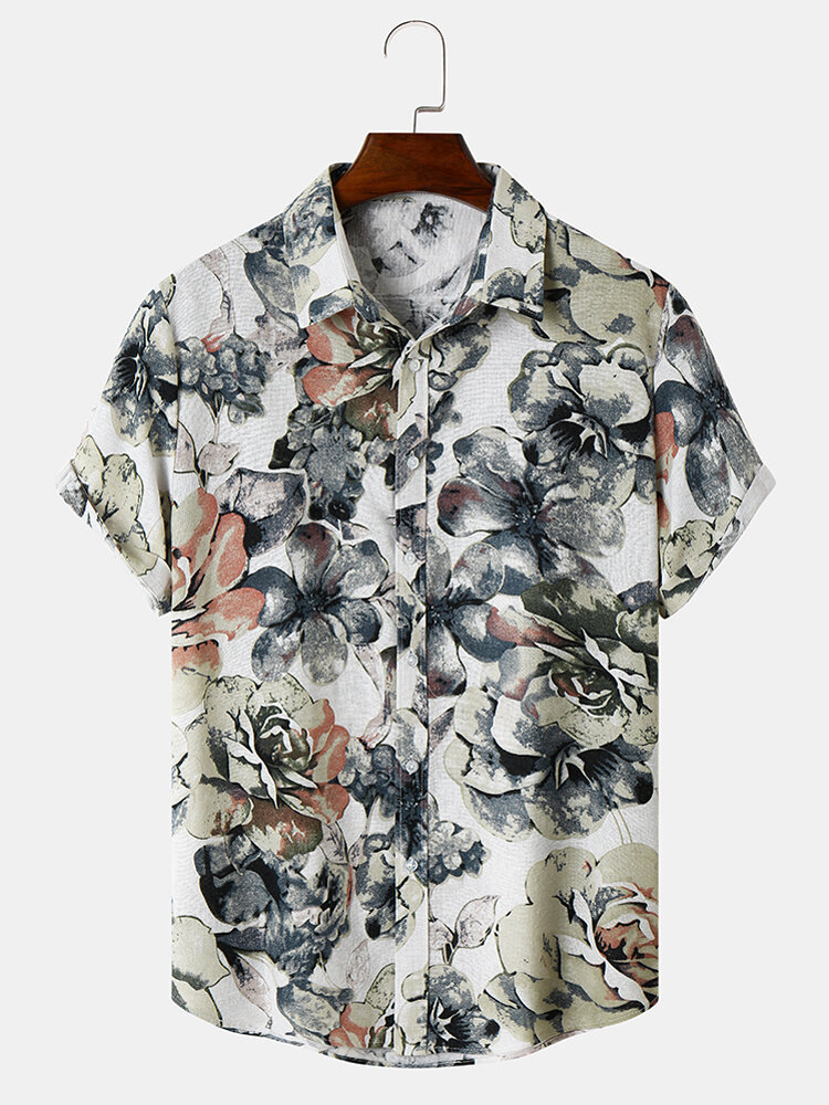 

Mens Flower Print Retro Style Hem Cuff Short Sleeve Shirts