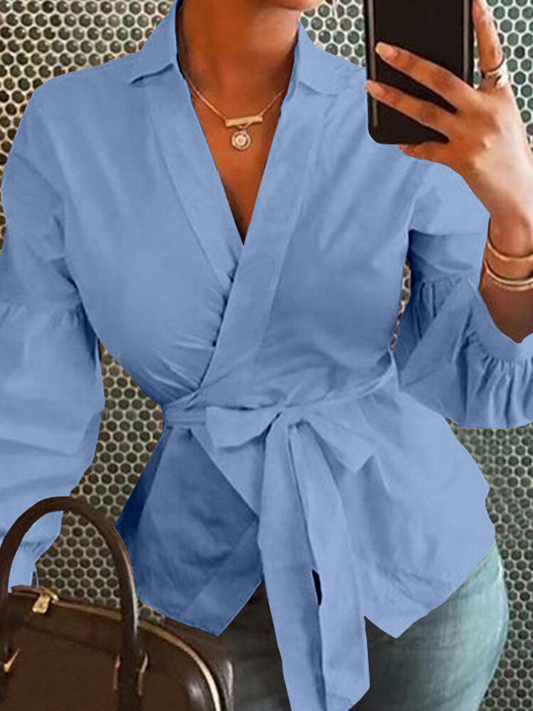 Long Sleeve Lapel Belt Solid Color Causal Blouse