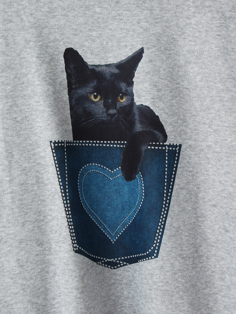 Women Black Cat Print Denim Patchwork Casual Pullover Hoodie