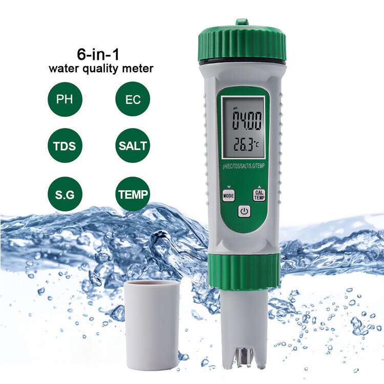 6-in-1 PH Water Quality Detection EC TDS PH SALT S.G TEMP Multi-function Water Source Measurement Pe