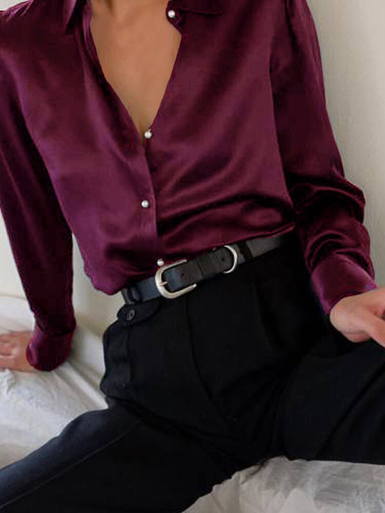 Cetim pérola botão mangas compridas camisas de cor sólida para mulheres