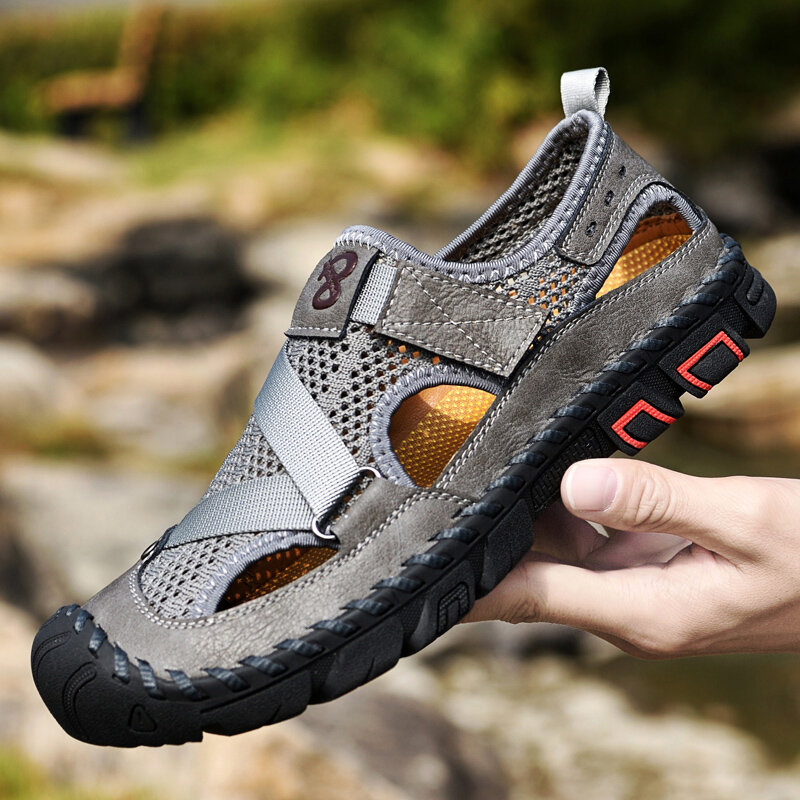 

Men Cowhide Mesh Breathable Hand Stitching Soft Bottom Closed Toe Outdoor Casual Sandals