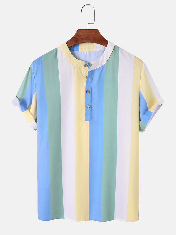 Men Rainbow Striped Print Half Buttons Soft All Matched Skin Friendly Shirts