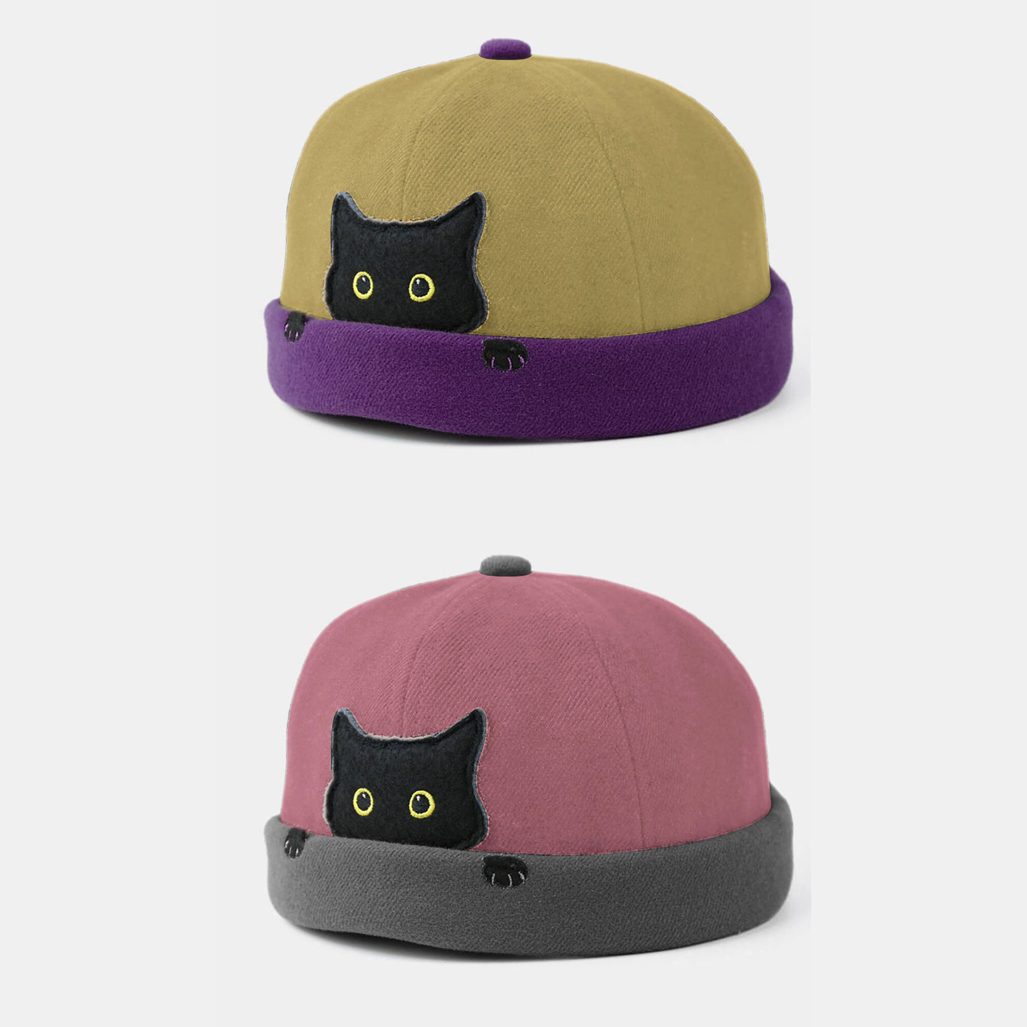 2PCS Banggood Design Men Cotton Contrast Color Cute Kitty Cat Pattern Casual Landlord Cap Skull Cap Beanie Hat