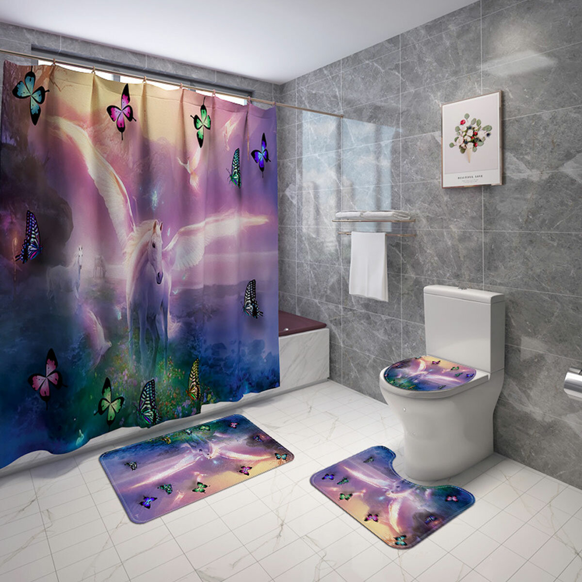 

Waterproof Bathroom Shower Curtain Pedestal Rug Lid Toilet Cover Mat Bath Mat Set for Home Decoration