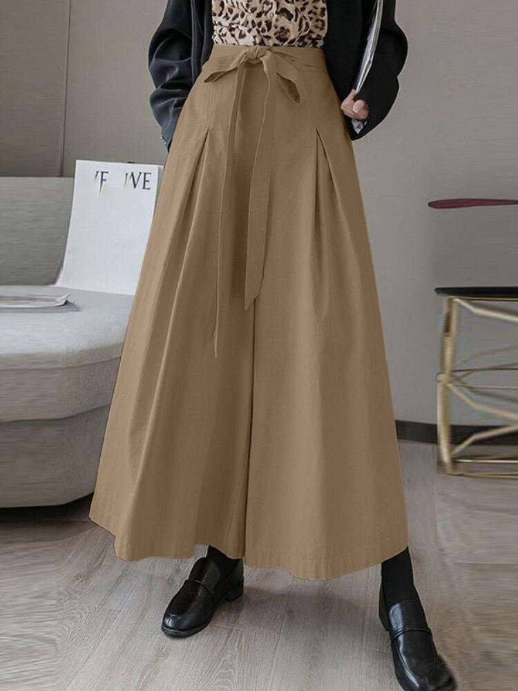 Women Solid Color Tie Front Casual Wide Leg Pants With Pocket