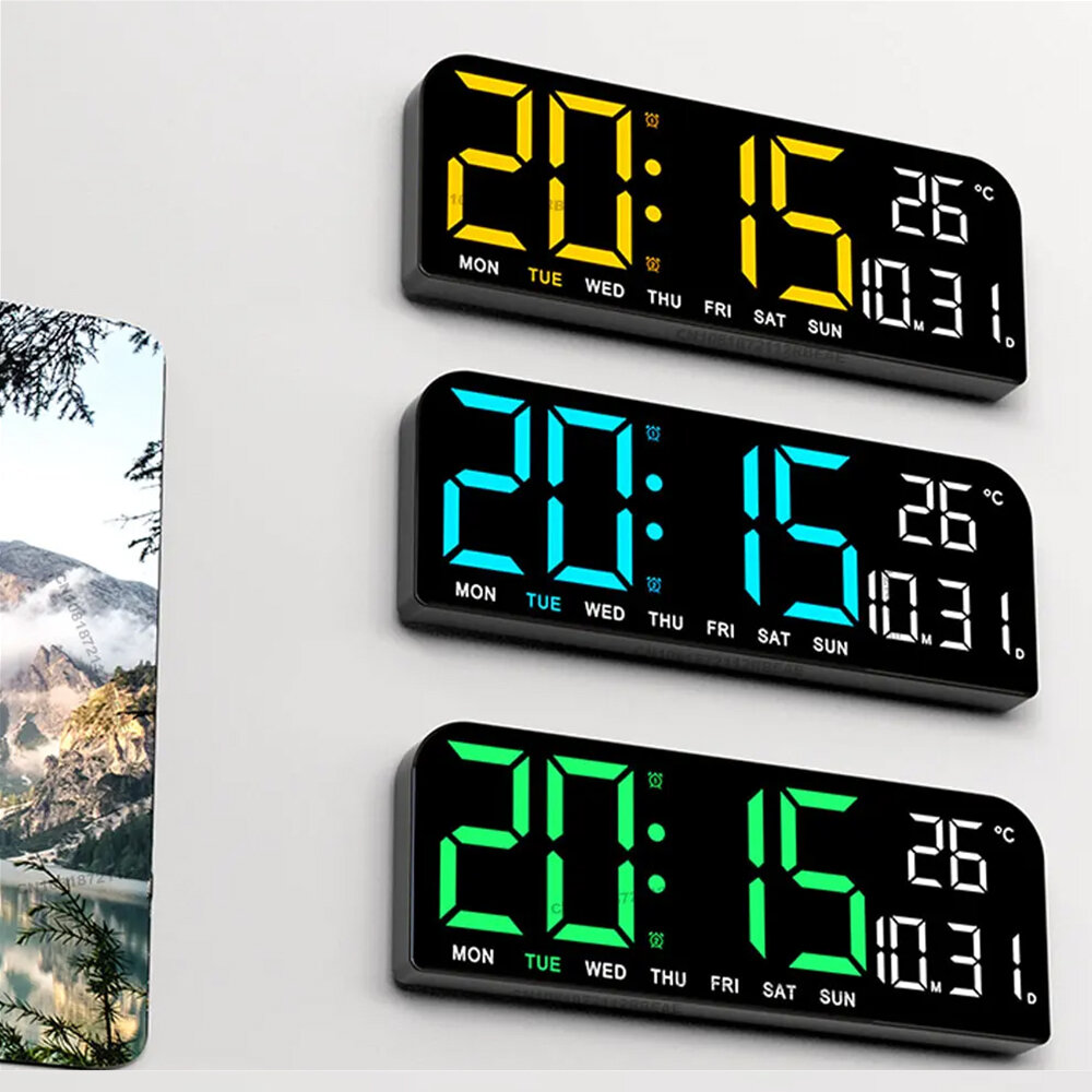 

9 Inch Large Digital Wall Clock Temperature Date Week Timing Countdown Light-sensing Table Clock 2 Alarm 12/24H LED Alar