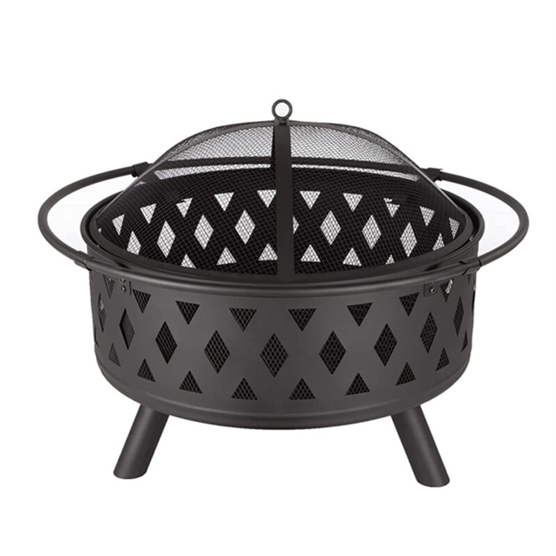 [USA Direct] 32 inch Round Crossweave Wood Burning Fire Pit Stove Firepit Heater with Poker for Outdoor Camping Patio Deck Backyard, 8011