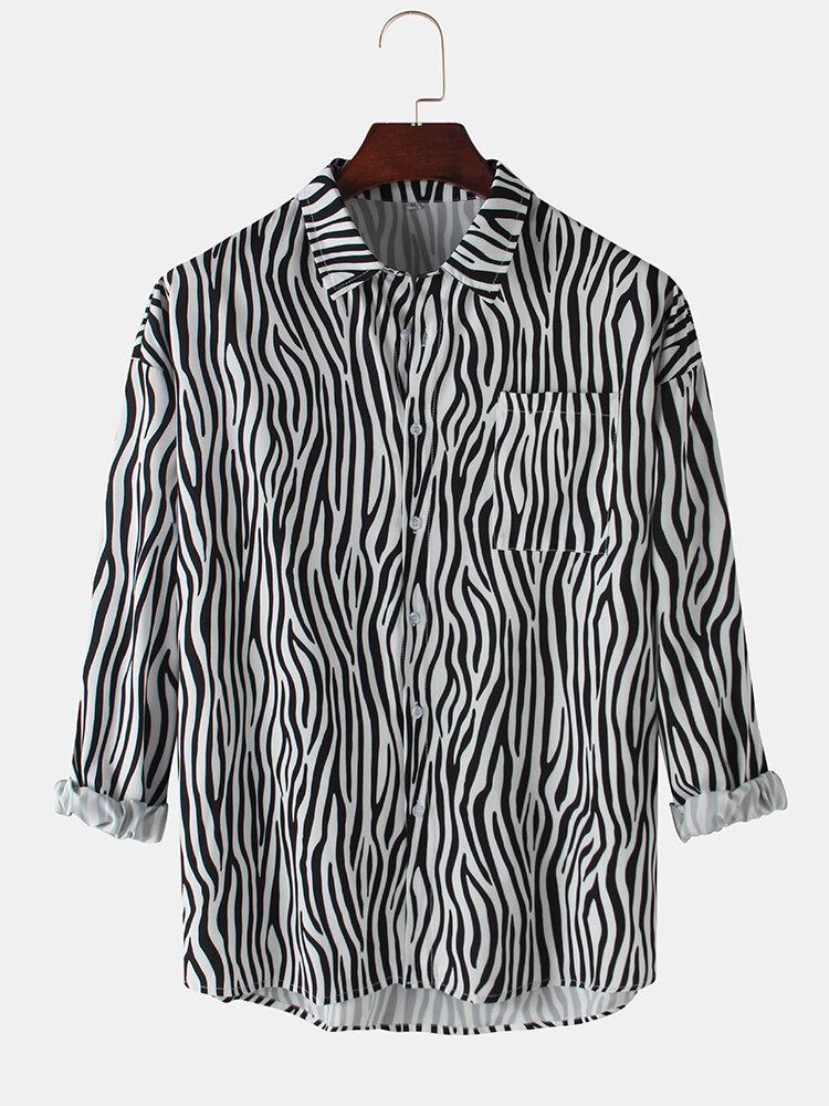 Heren Zebra katoenen revers, lange mouwen, ronde zoom, normale pasvorm, overhemden met zak