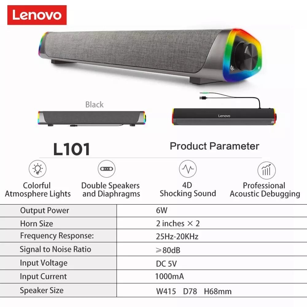 LenovoL101コンピュータースピーカー有線デスクトップスピーカーRGBライトデュアルユニットステレオサラウンドサブウーファーサウンドバーforMacbookラップトップノートブックPCプレーヤー