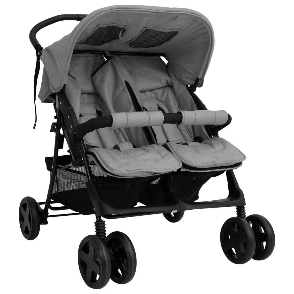 [EU Direct] vidaXL 10341 Twin Stroller Light Grey Steel Luxury Baby Stroller Cart Portable Pushchair Infant Carrier Fold