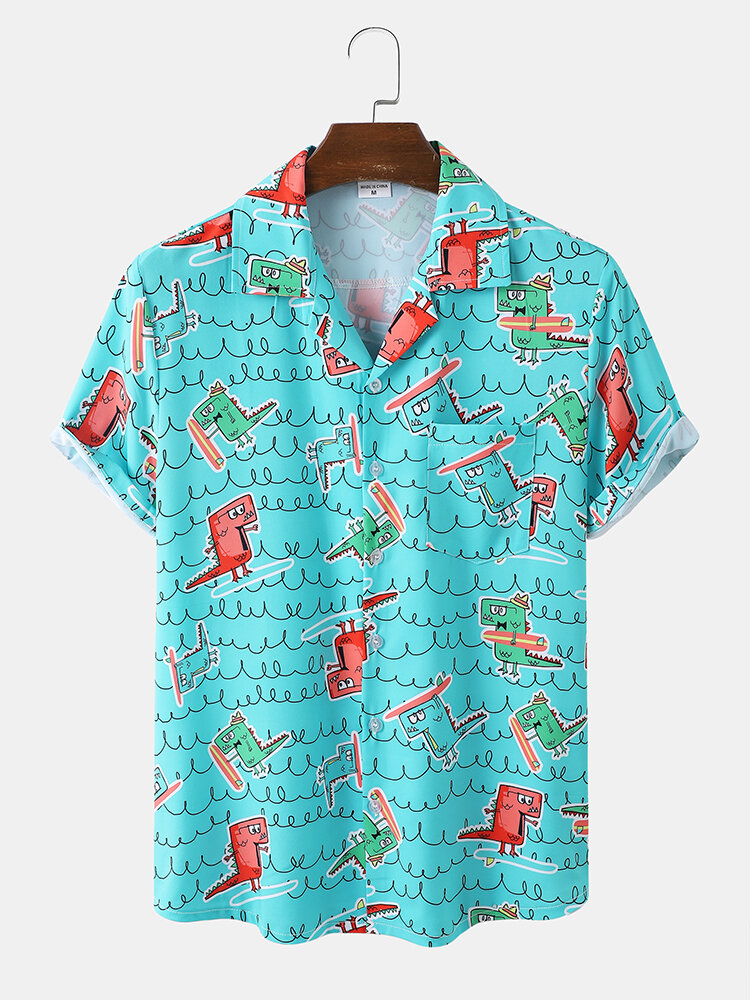 Mannen Grappige dinosaurusprint Beachwear Ice Silk Comfy Revere Collar Hawaii-stijl shirts
