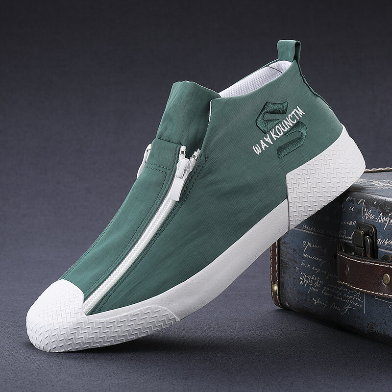 Men Rubber Cap Toe Front Zipper Comfy Breathable Canvas High Top Ankle Casual Sneakers